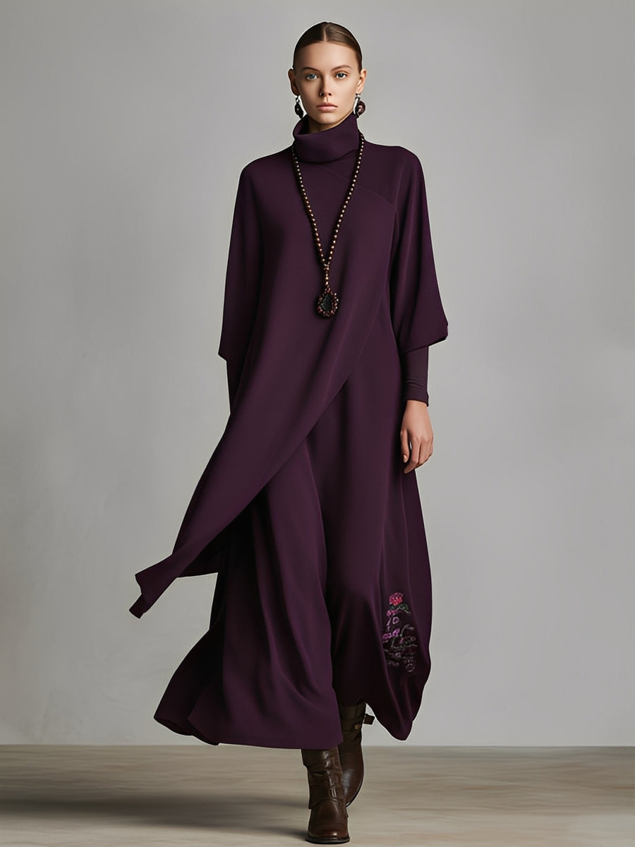 Women's Plum Draped Cotton-Blend Jersey Elegant Turtleneck Embroidered Maxi Dress