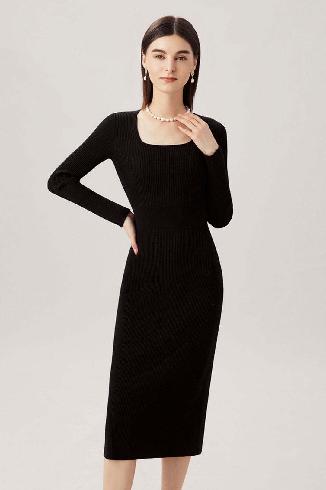 100% Merino Wool Long Sleeve Square-Neck Midi S…