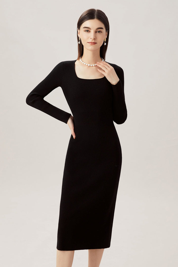 100% Merino Wool Long Sleeve Square-Neck Midi S…