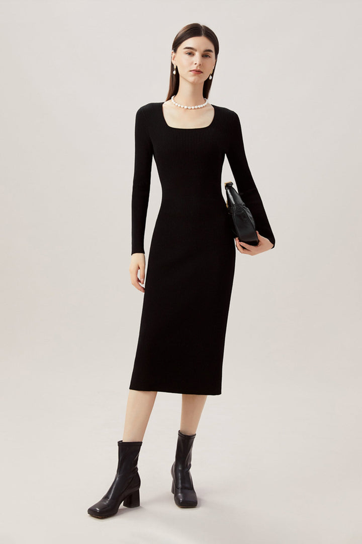 100% Merino Wool Long Sleeve Square-Neck Midi S…