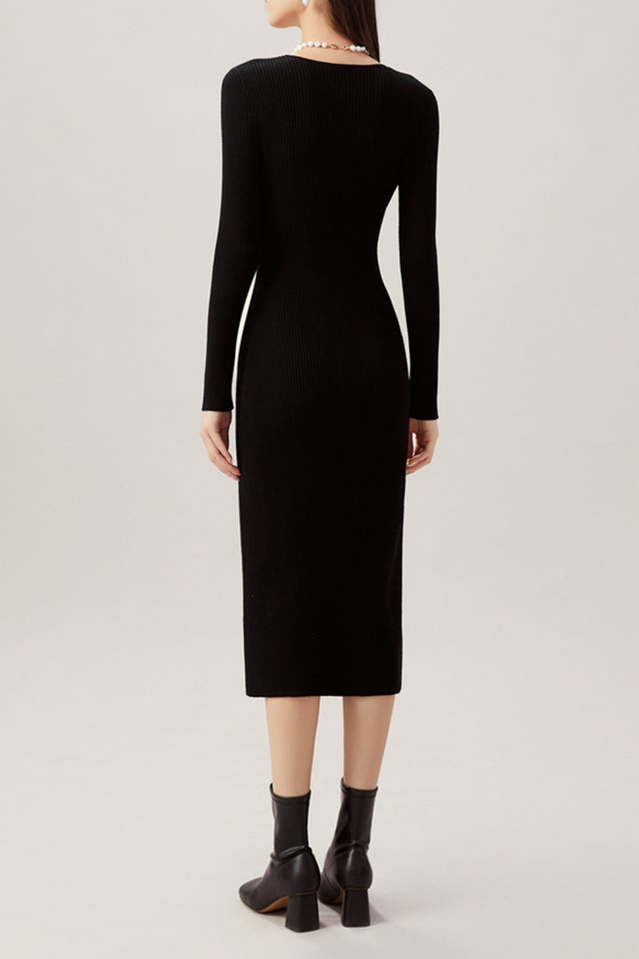 100% Merino Wool Long Sleeve Square-Neck Midi S…