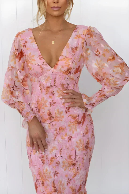 Julia | Floral Wedding Guest Midi Dress with V-Neck and Puff Sleeves for Women