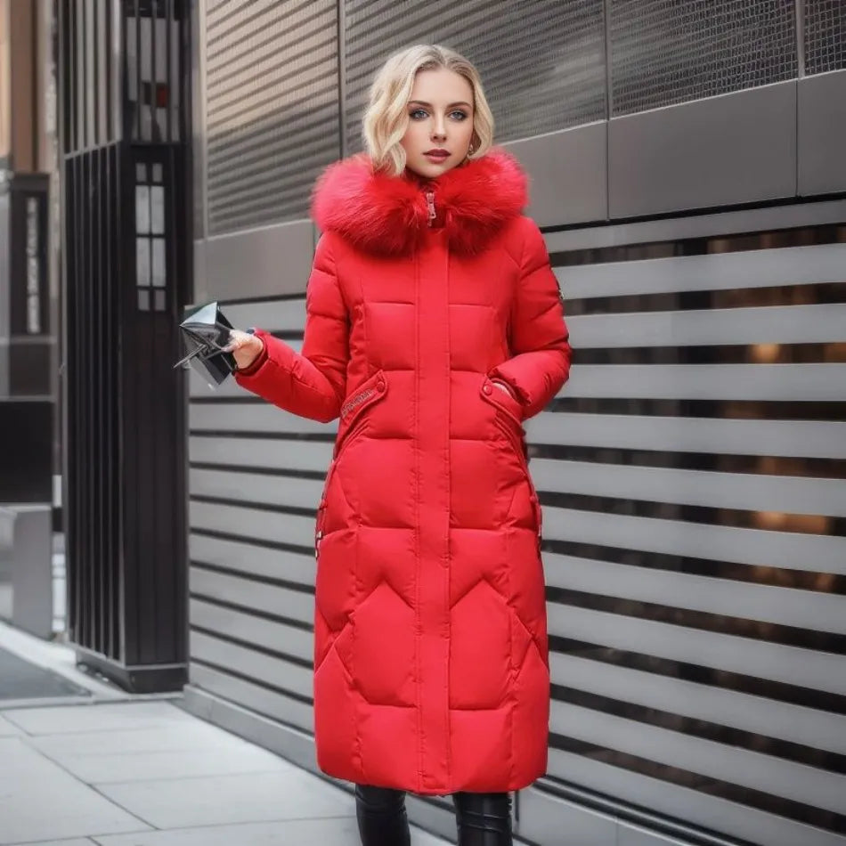 Women's Down Puffer Coat | Long, Collar | Warm Winter Outerwear