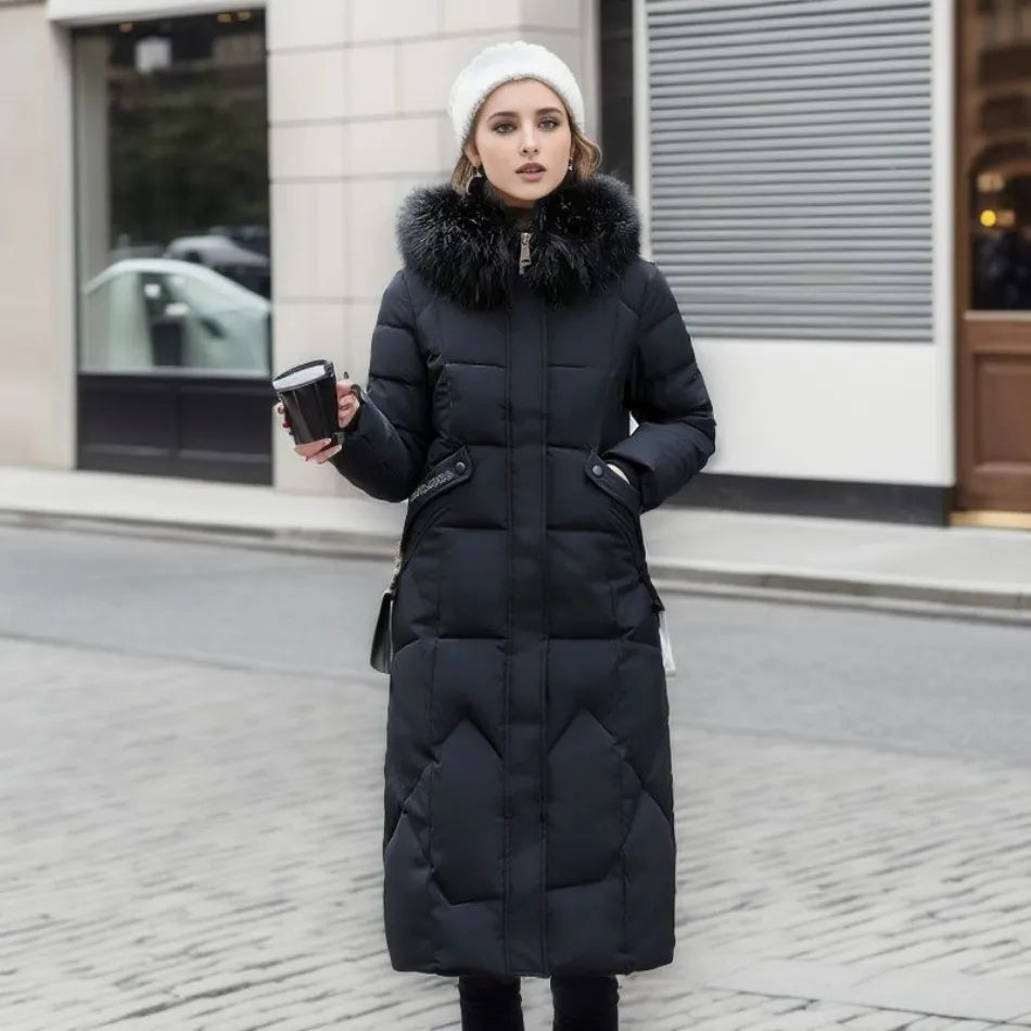 Women's Down Puffer Coat | Long, Collar | Warm Winter Outerwear