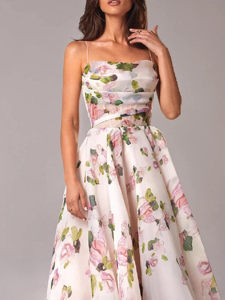 Segolene | Floral Wedding Guest A-Line Midi Dress with Spaghetti Straps for Women