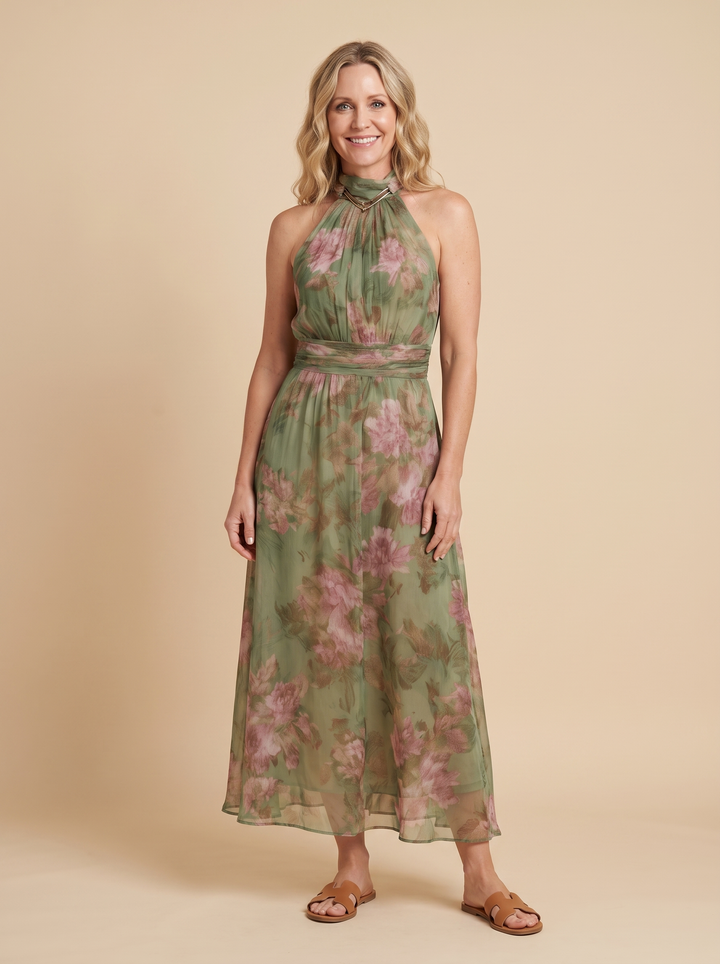 Margaret™ | Elegant Floral Chiffon Halter Maxi Dress