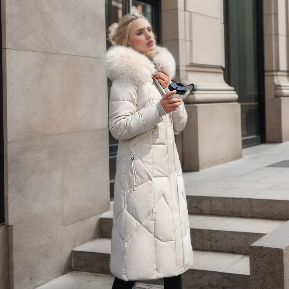 Women's Down Puffer Coat | Long, Collar | Warm Winter Outerwear