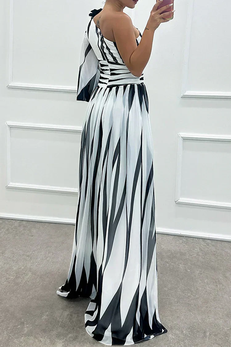 Elegant Striped Maxi Dress with One Shoulder