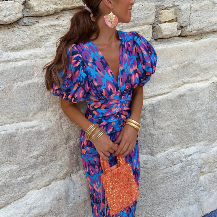 Aria | Wedding Guest Midi Dress with V-Neck and Puff Sleeves for Women