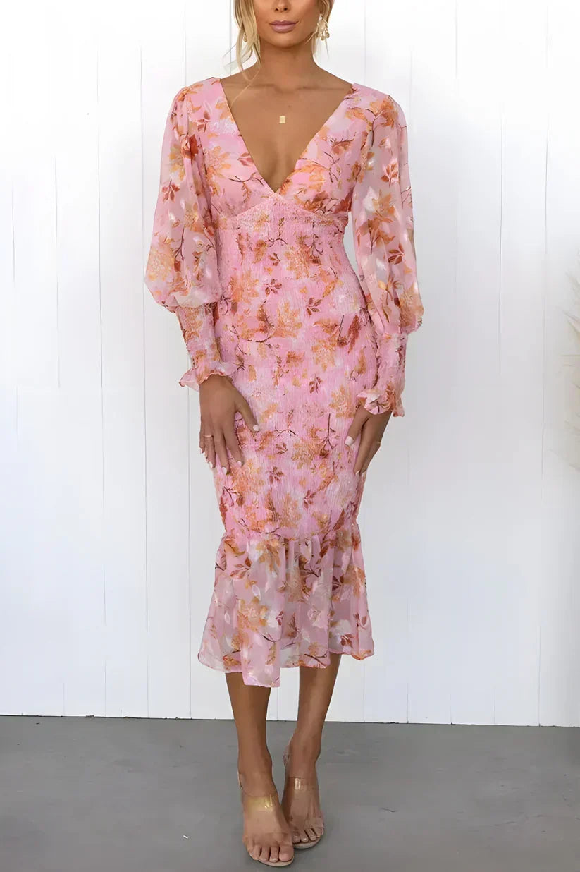 Julia | Floral Wedding Guest Midi Dress with V-Neck and Puff Sleeves for Women