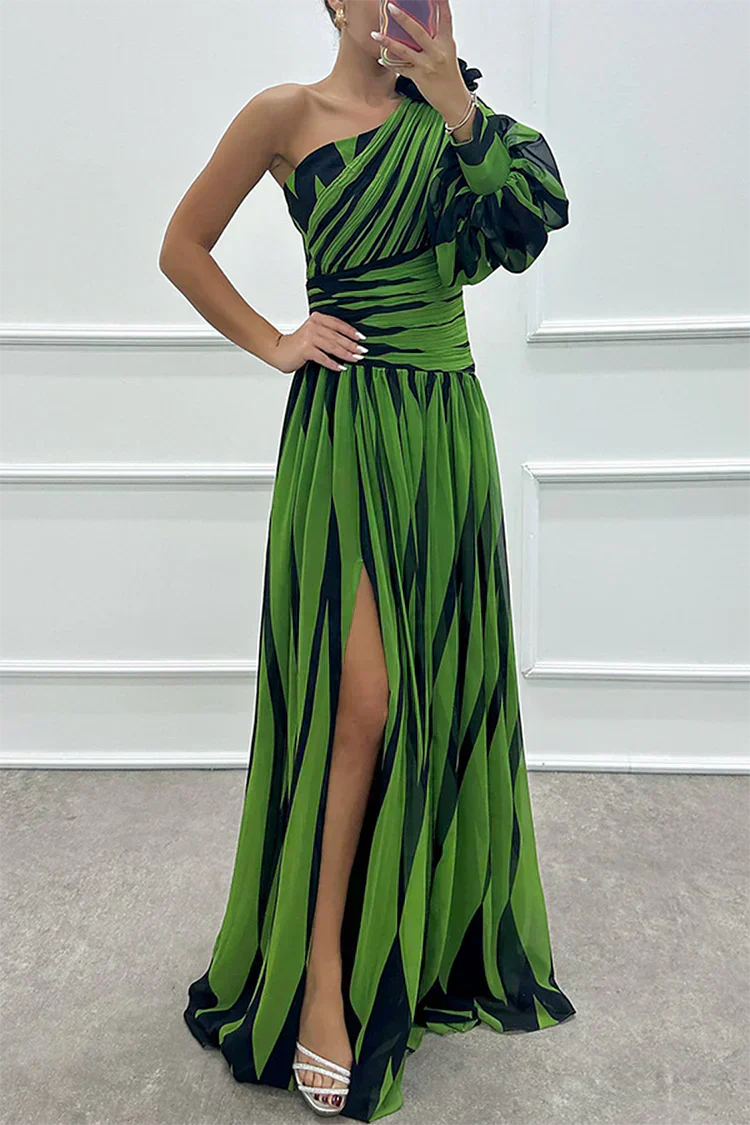 Elegant Striped Maxi Dress with One Shoulder