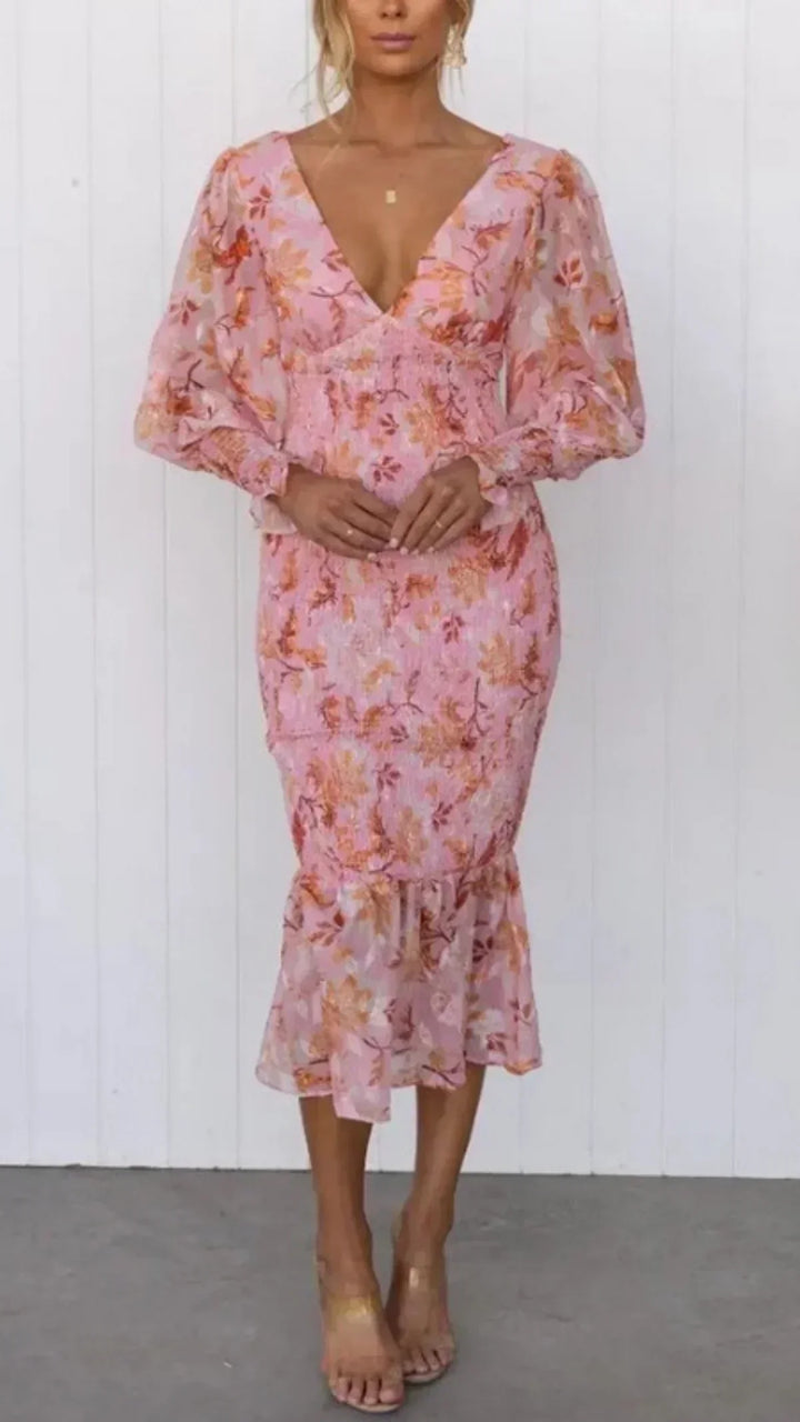 Julia | Floral Wedding Guest Midi Dress with V-Neck and Puff Sleeves for Women