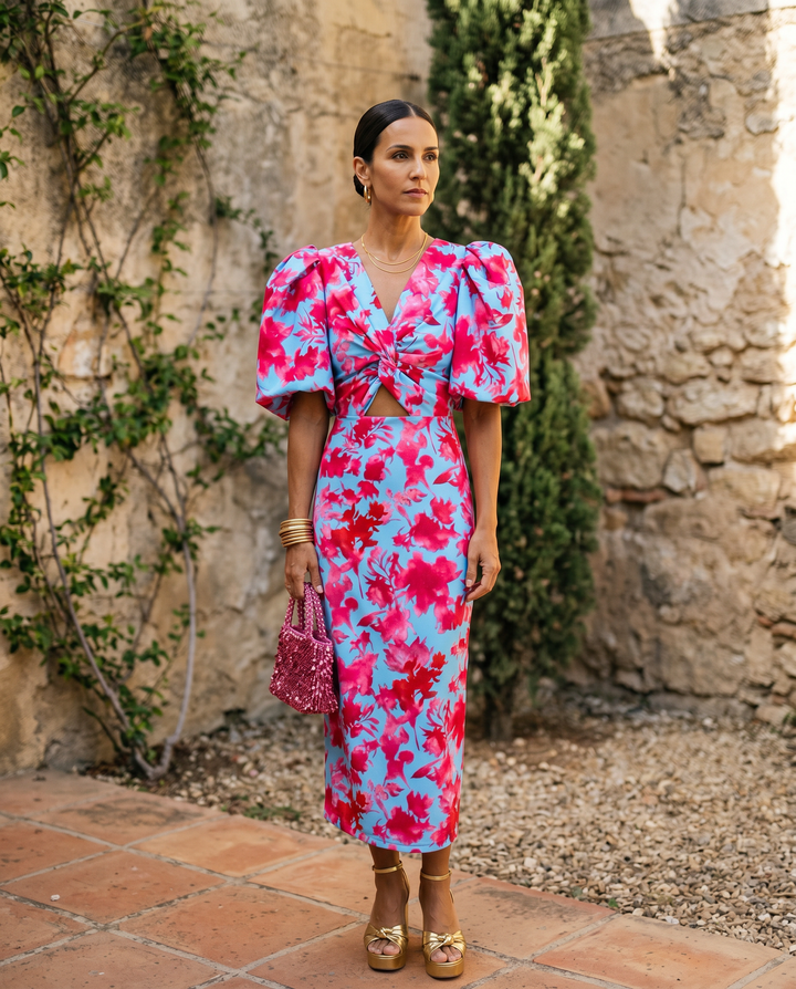 Julitta | Wedding Guest Midi Dress with Puff Sleeves for Women