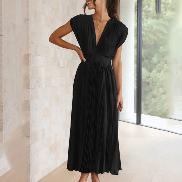 Maren | Wedding Guest Pleated Midi Dress with V-Neck for Women
