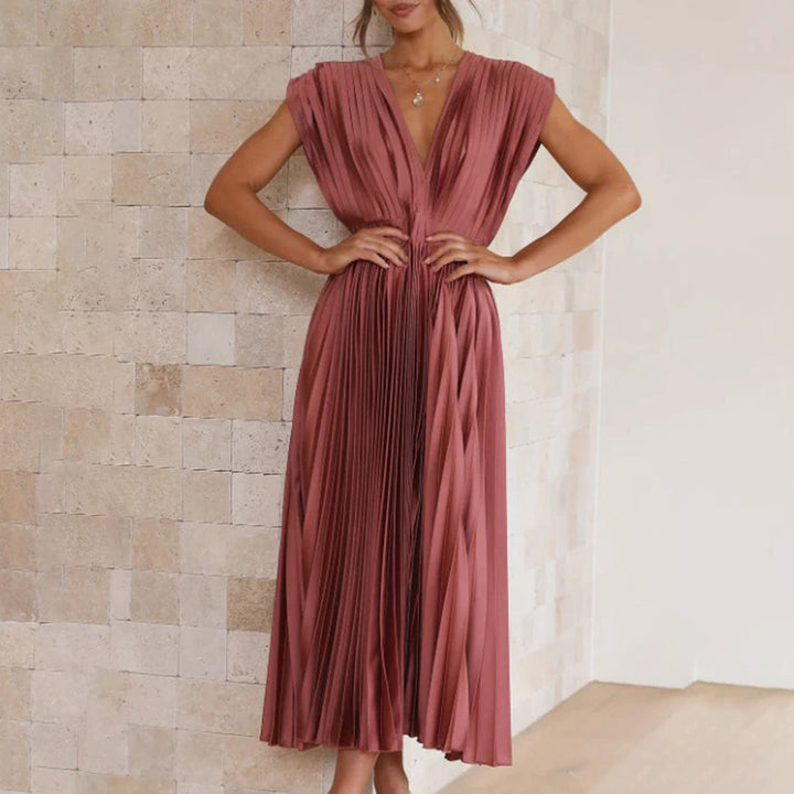 Maren | Wedding Guest Pleated Midi Dress with V-Neck for Women