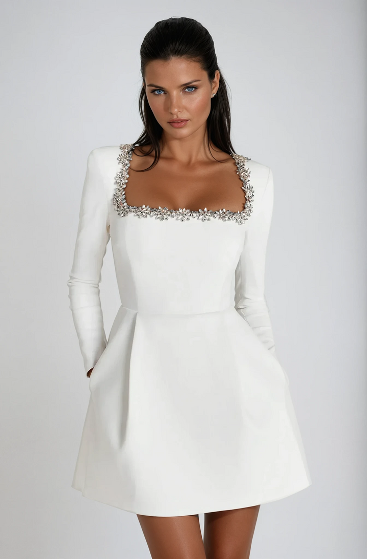 Theodora | Wedding Guest Dress with Square Neck and Long Sleeves for Women