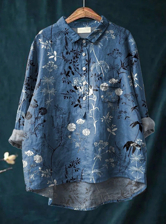 Caroline - Cotton Linen Floral Blouse