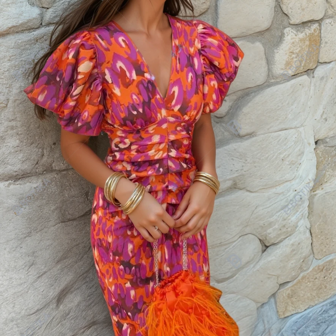 Aria | Wedding Guest Midi Dress with V-Neck and Puff Sleeves for Women