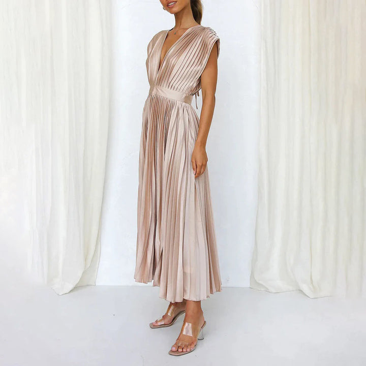 Maren | Wedding Guest Pleated Midi Dress with V-Neck for Women