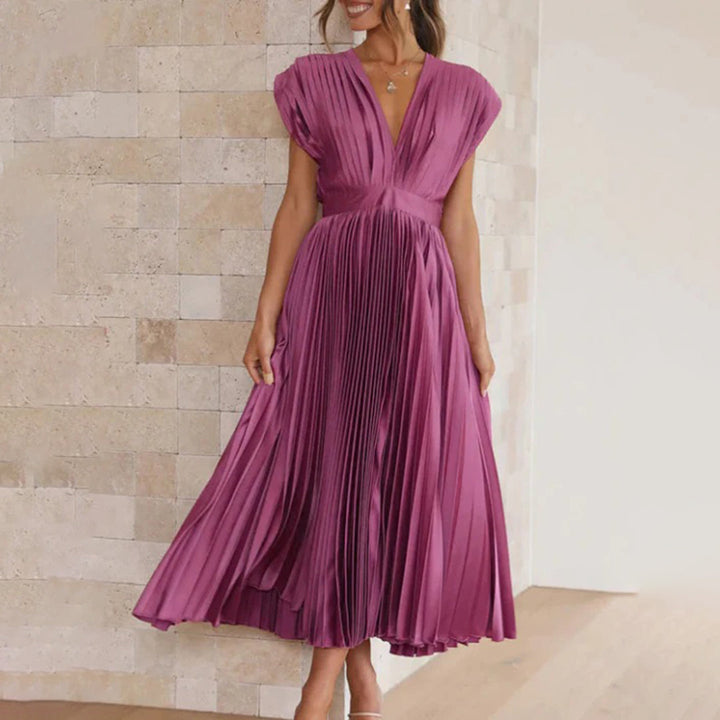 Maren | Wedding Guest Pleated Midi Dress with V-Neck for Women