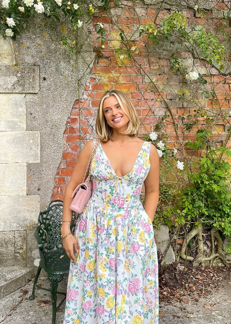 Saffron | Wedding Guest A-Line Midi Dress with V-Neck for Women