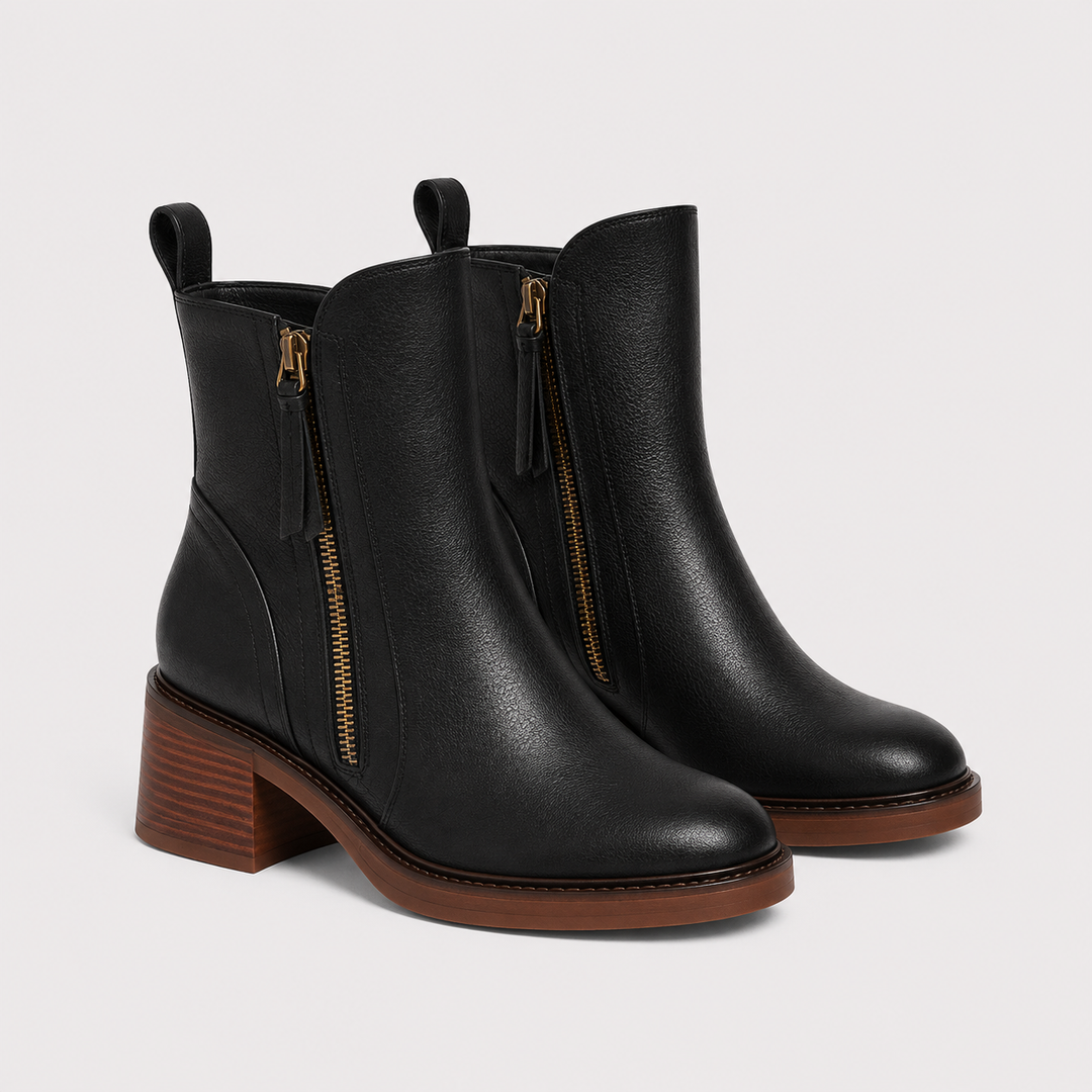 Women's Side Zip Leather Look Ankle Boots Classic Mid Heel Booties