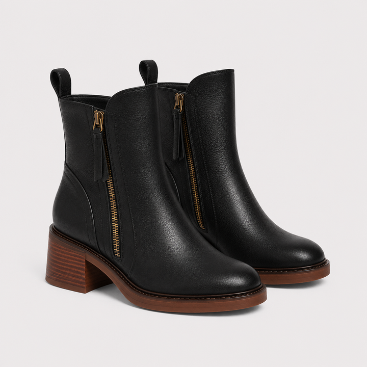 Women's Side Zip Leather Look Ankle Boots Classic Mid Heel Booties