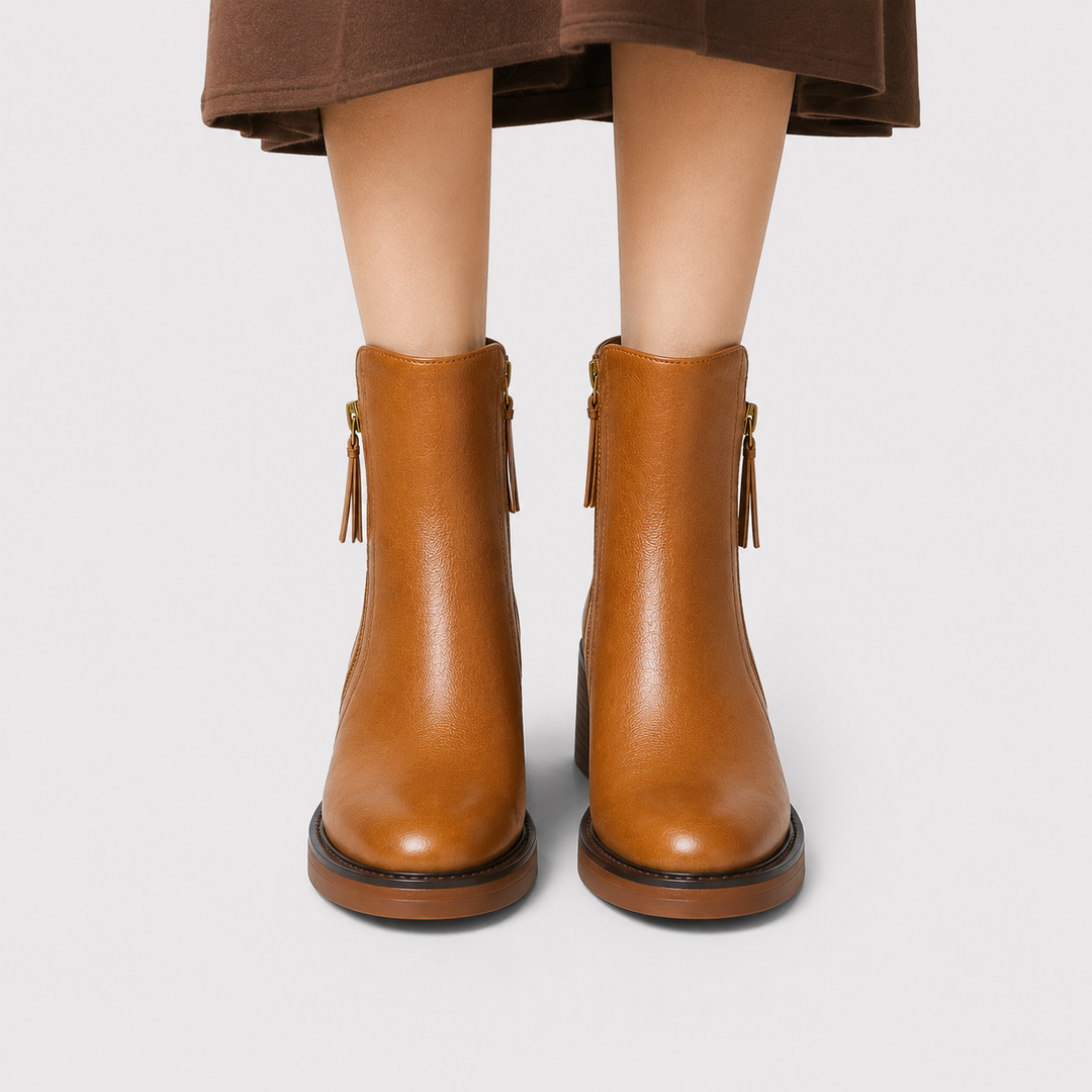 Women's Side Zip Leather Look Ankle Boots Classic Mid Heel Booties