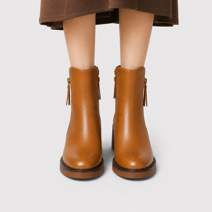 Women's Side Zip Leather Look Ankle Boots Classic Mid Heel Booties