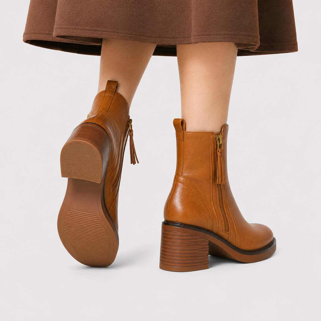 Women's Side Zip Leather Look Ankle Boots Classic Mid Heel Booties