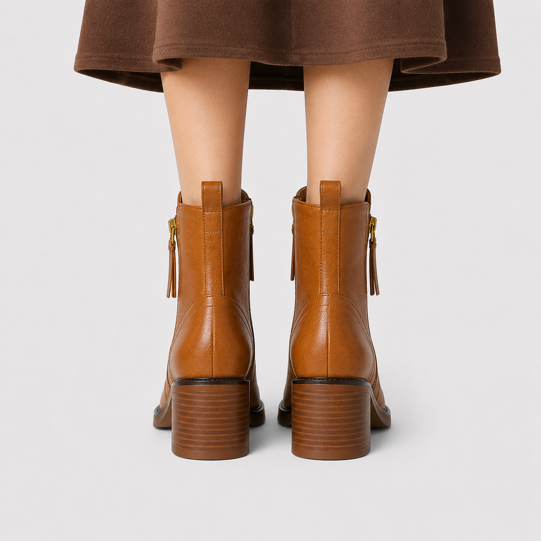 Women's Side Zip Leather Look Ankle Boots Classic Mid Heel Booties