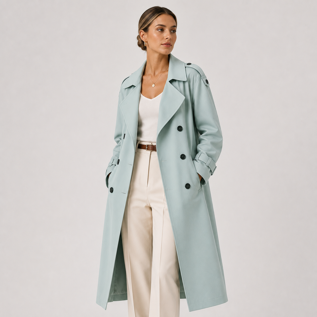 Women's Long Trench Coat Double Breasted Belted Classic Outerwear