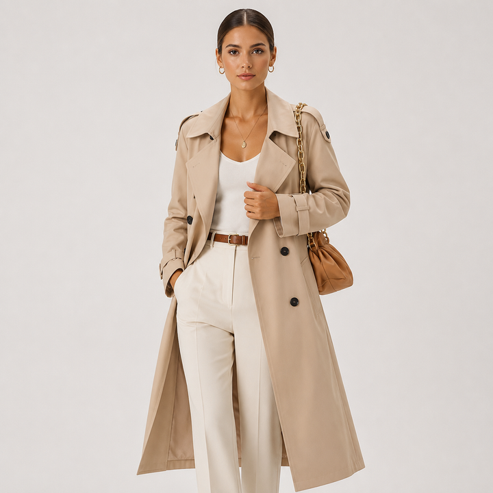 Women's Long Trench Coat Double Breasted Belted Classic Outerwear