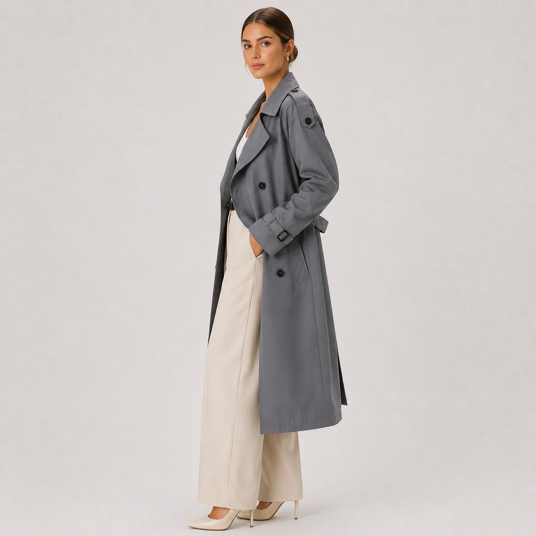 Women's Long Trench Coat Double Breasted Belted Classic Outerwear