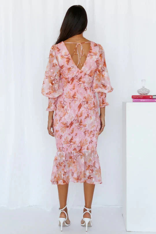 Julia | Floral Wedding Guest Midi Dress with V-Neck and Puff Sleeves for Women