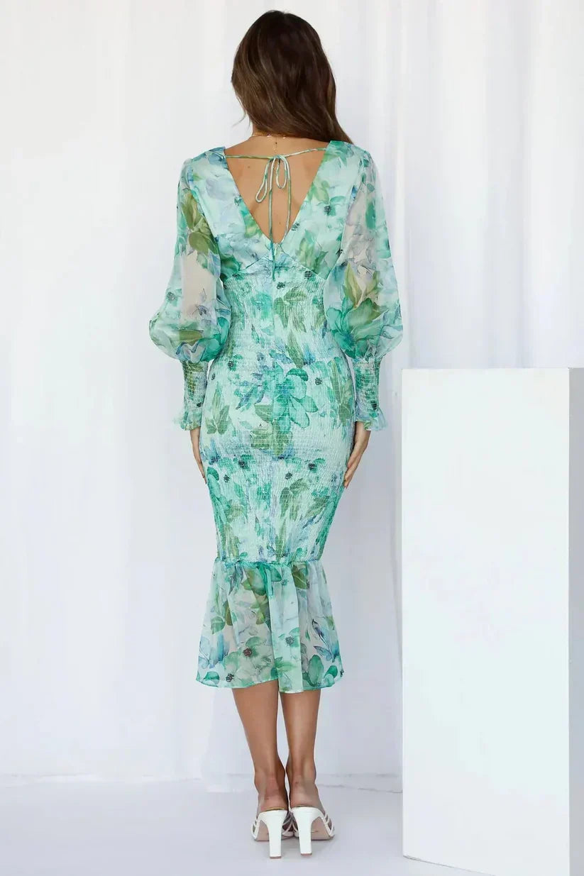Julia | Floral Wedding Guest Midi Dress with V-Neck and Puff Sleeves for Women