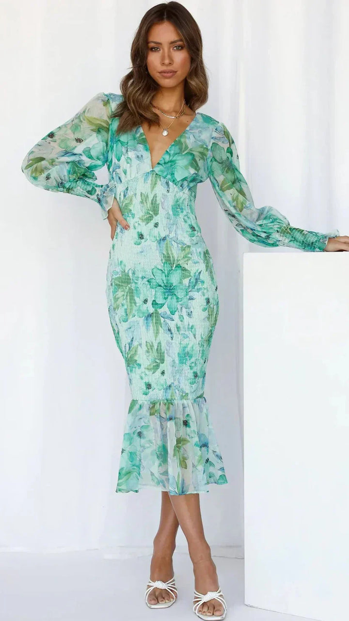 Vilhelmina | Floral Wedding Guest Midi Dress with V-Neck and Puff Sleeves for Women