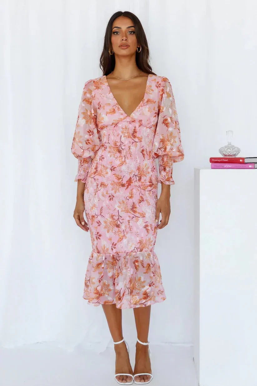 Julia | Floral Wedding Guest Midi Dress with V-Neck and Puff Sleeves for Women
