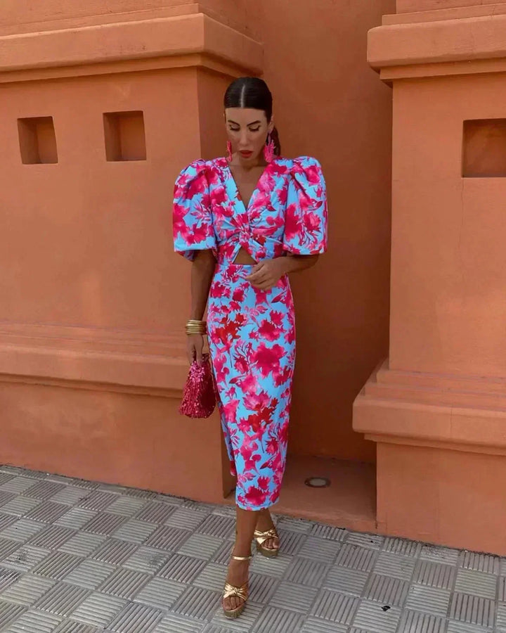 Julitta | Wedding Guest Midi Dress with Puff Sleeves for Women