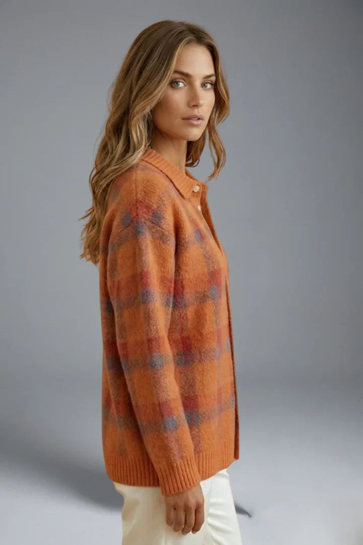 Women's Cardigan Sweater | Plaid Button Front Collar
