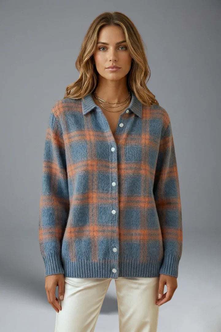 Women's Cardigan Sweater | Plaid Button Front Collar