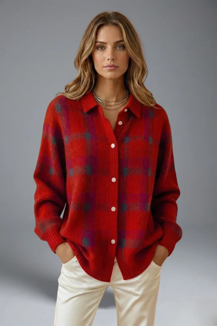 Women's Cardigan Sweater | Plaid Button Front Collar