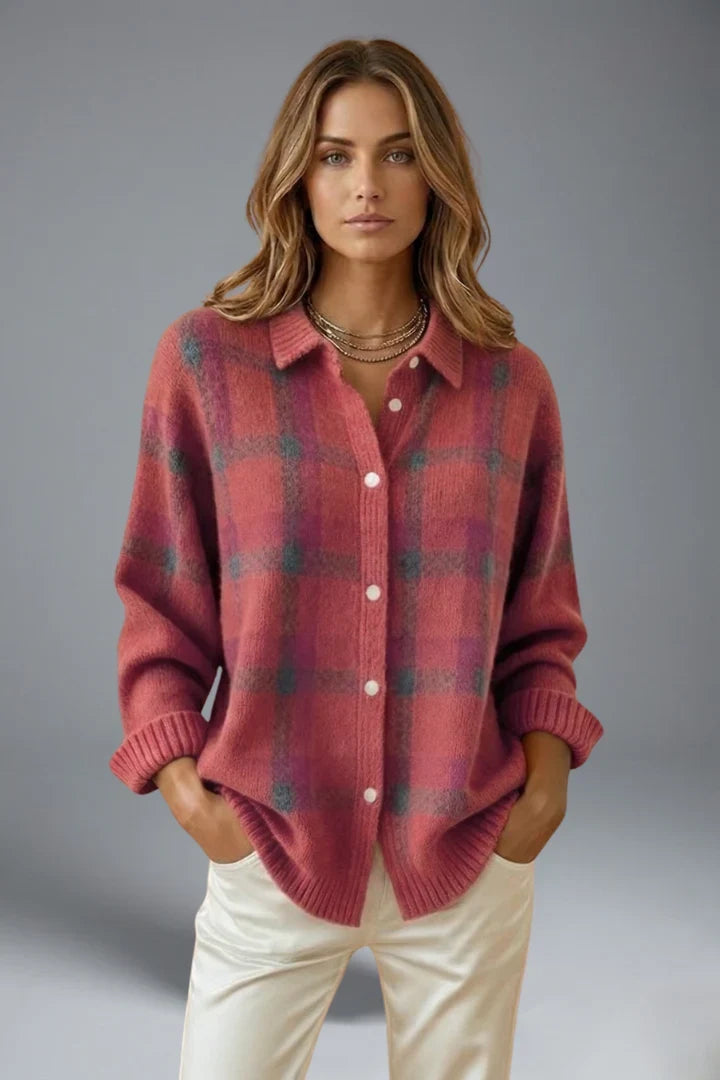 Women's Cardigan Sweater | Plaid Button Front Collar