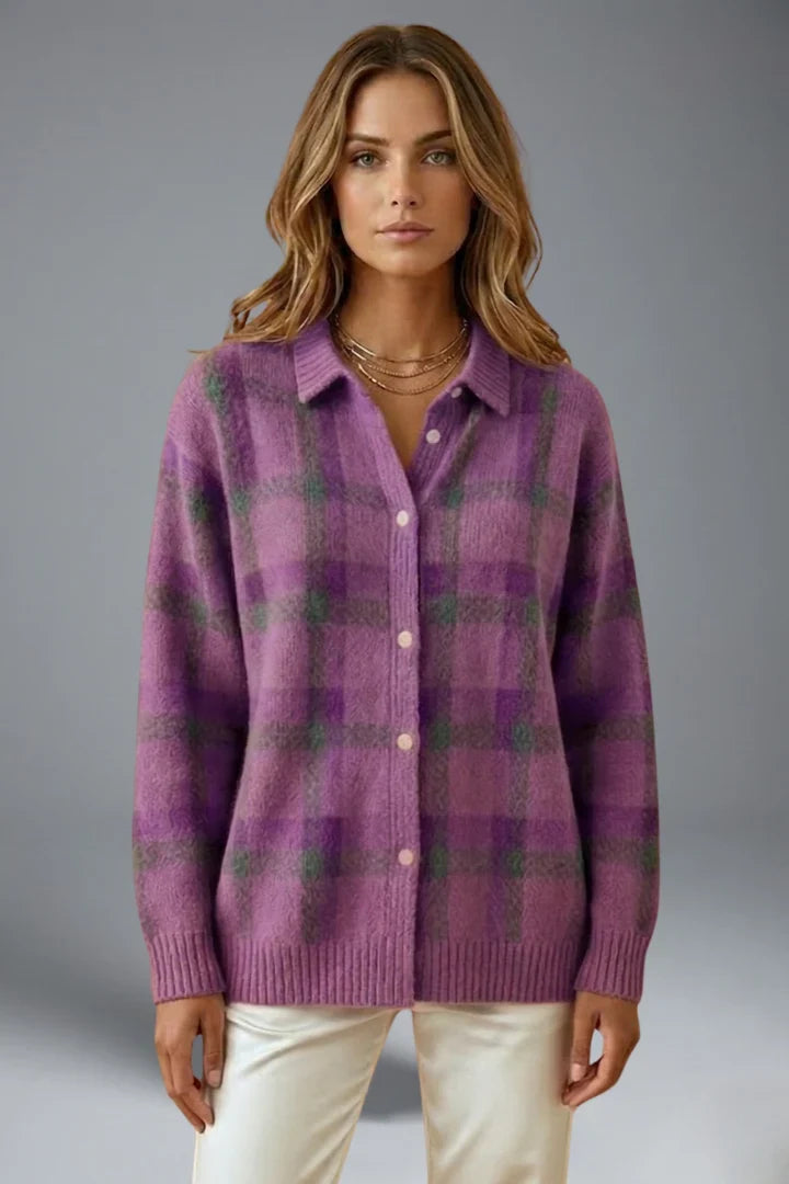Women's Cardigan Sweater | Plaid Button Front Collar