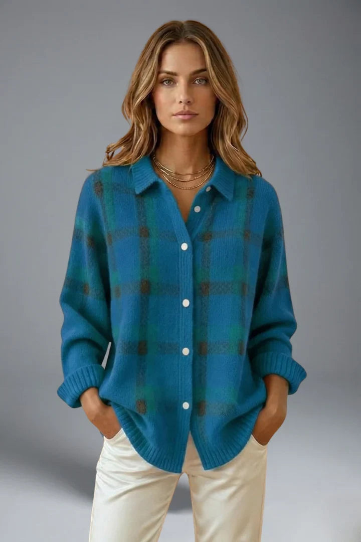 Women's Cardigan Sweater | Plaid Button Front Collar