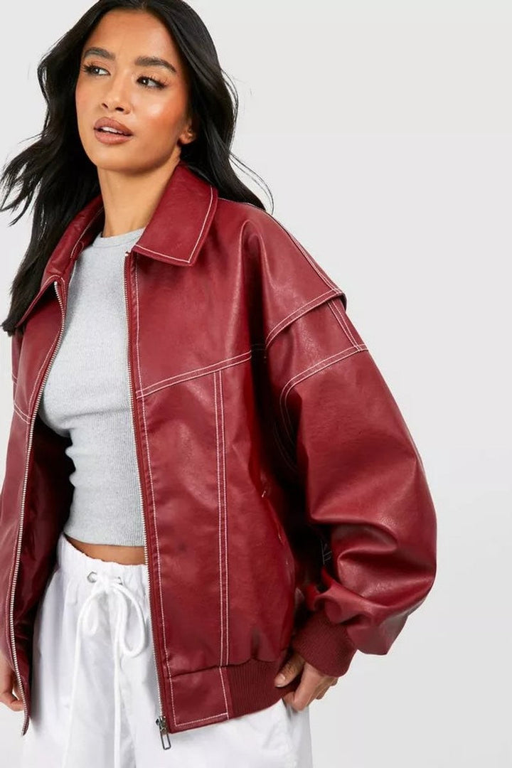 Marchesa | Women's Oversized Contrast-Stitch Zip-Up Bomber Jacket