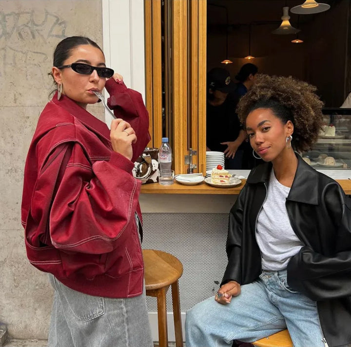 Marchesa | Women's Oversized Contrast-Stitch Zip-Up Bomber Jacket