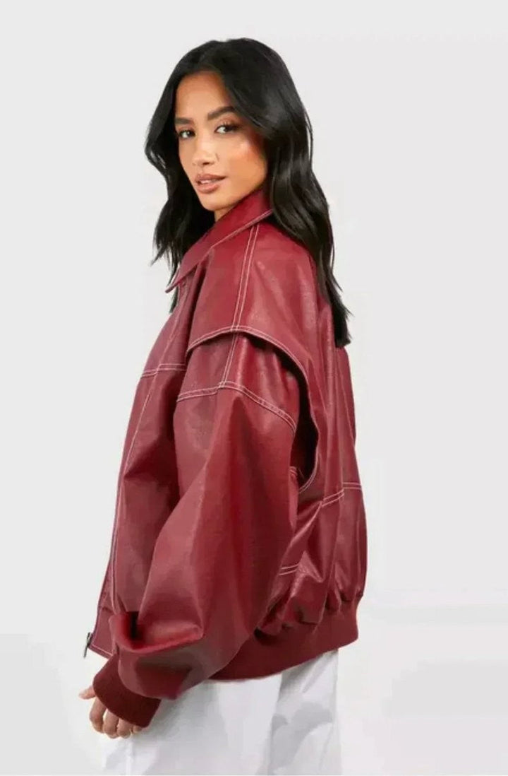 Marchesa | Women's Oversized Contrast-Stitch Zip-Up Bomber Jacket