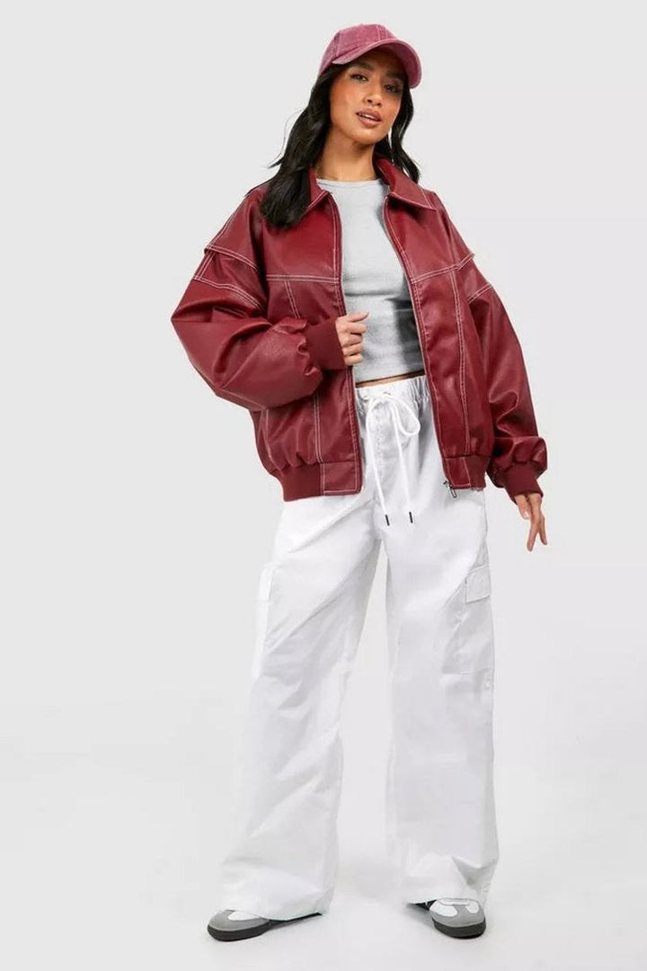 Marchesa | Women's Oversized Contrast-Stitch Zip-Up Bomber Jacket