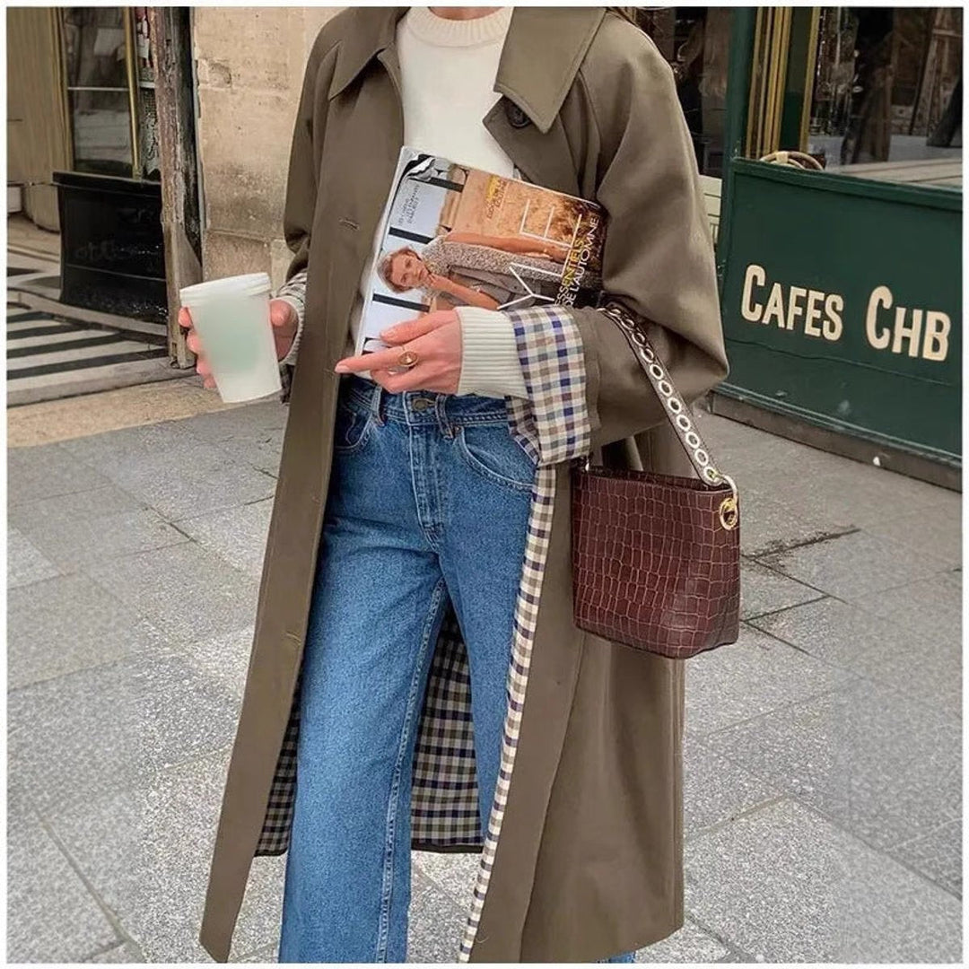 Josephine | Women's Oversized Plaid-Lined Notch-Collar Long Trench Coat